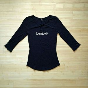 Bebe Ribbed & Lace Swarovski Logo Keyhole Top